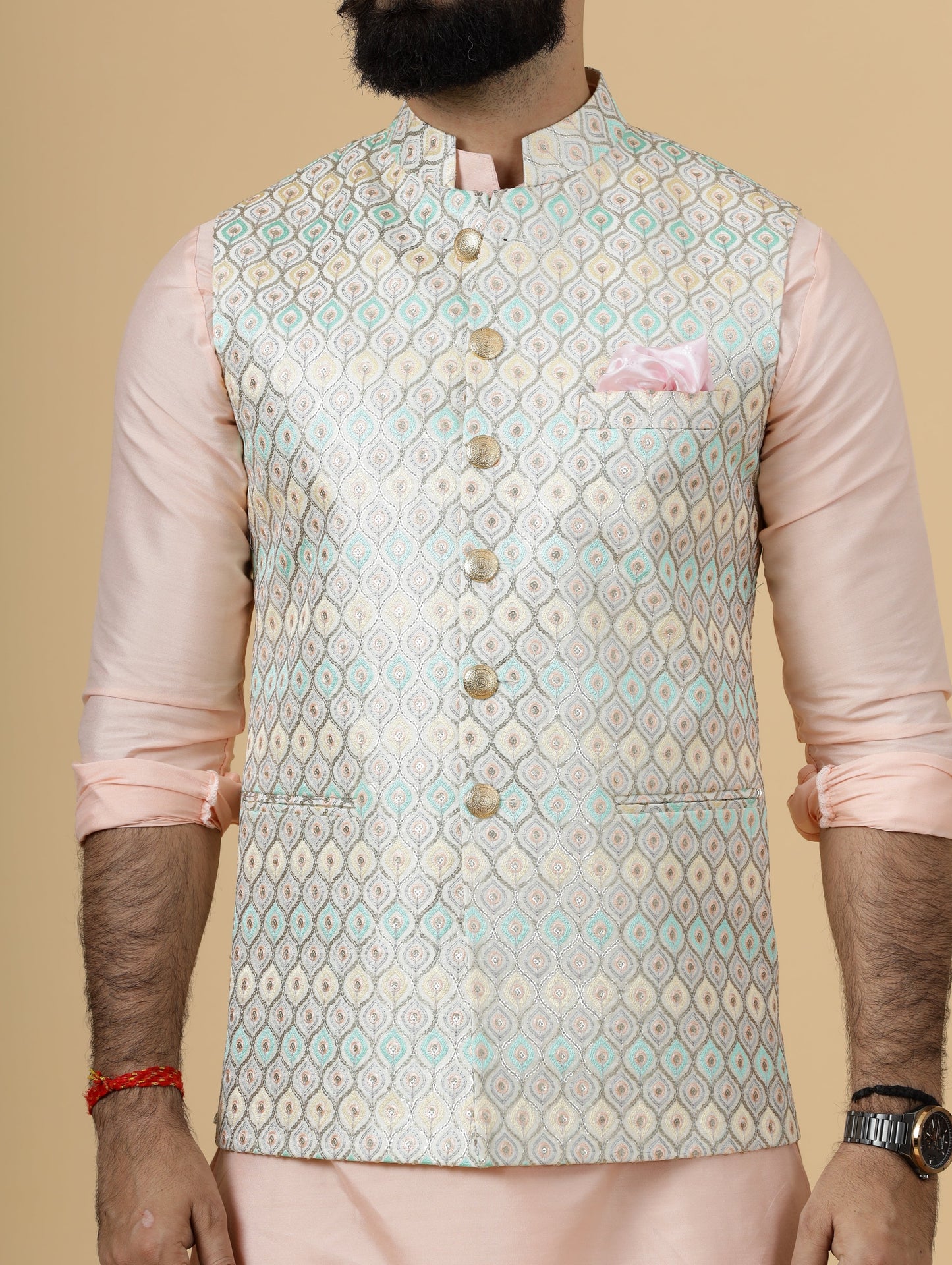 Classy Ivory Thread Embroidered Silk Half Jodhpuri Jacket with Peach Kurta-Pajama for Men