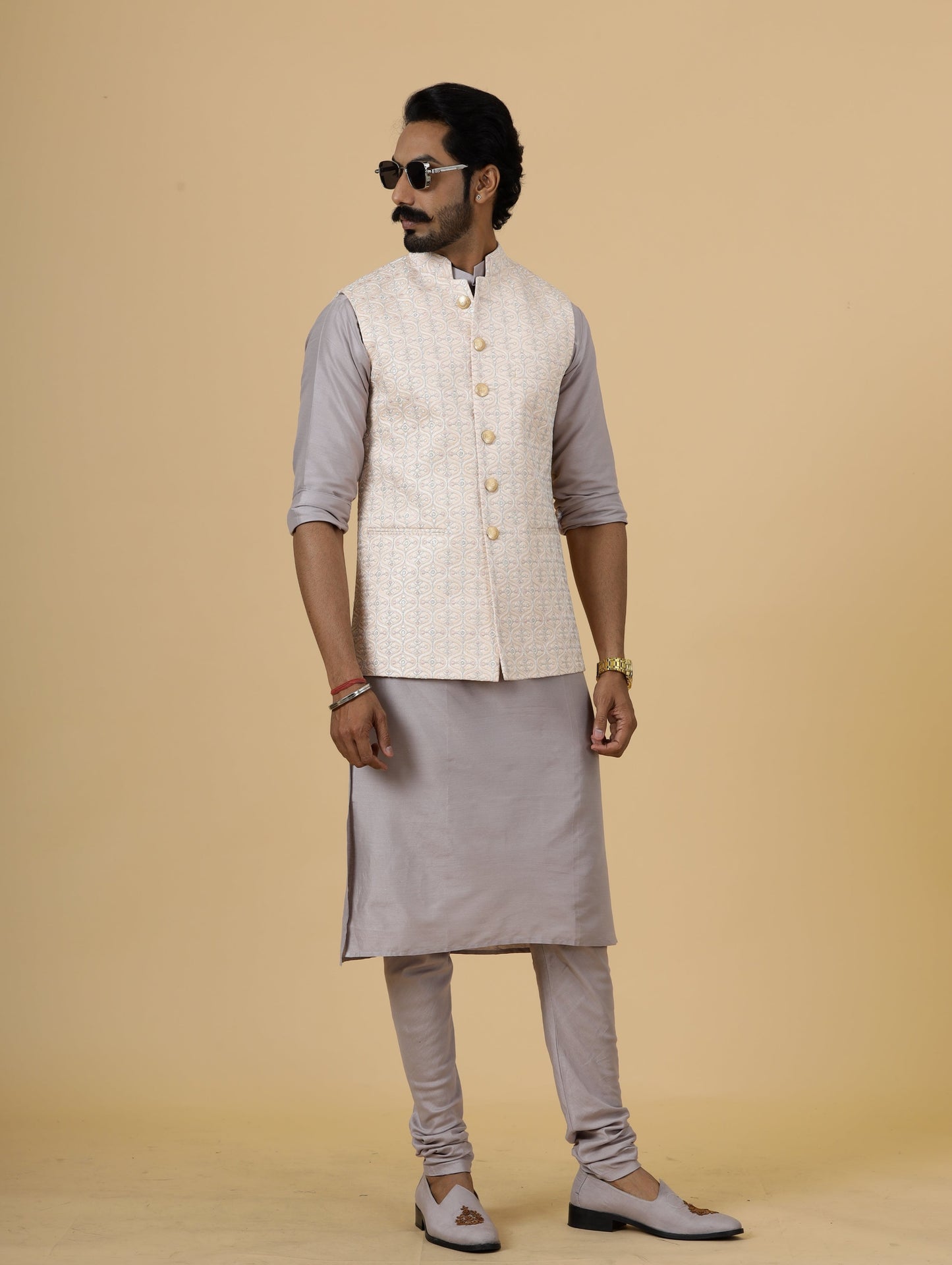 Alluring Peach Thread Embroidered Silk Half Jodhpuri Jacket with Lilac Kurta-Pajama for Men