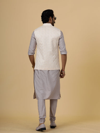 Alluring Peach Thread Embroidered Silk Half Jodhpuri Jacket with Lilac Kurta-Pajama for Men