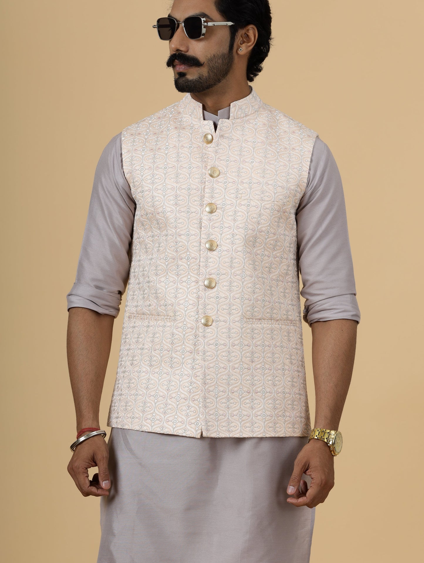 Alluring Peach Thread Embroidered Silk Half Jodhpuri Jacket with Lilac Kurta-Pajama for Men