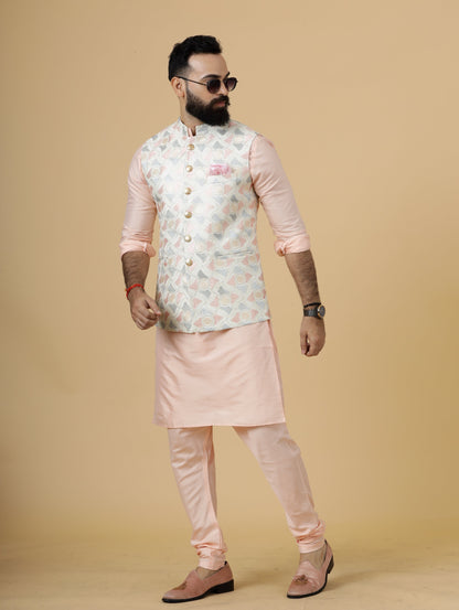 Alluring Beige Abstract Pattern Thread Embroidered Silk Half Jodhpuri Jacket with Peach Kurta-Pajama for Men