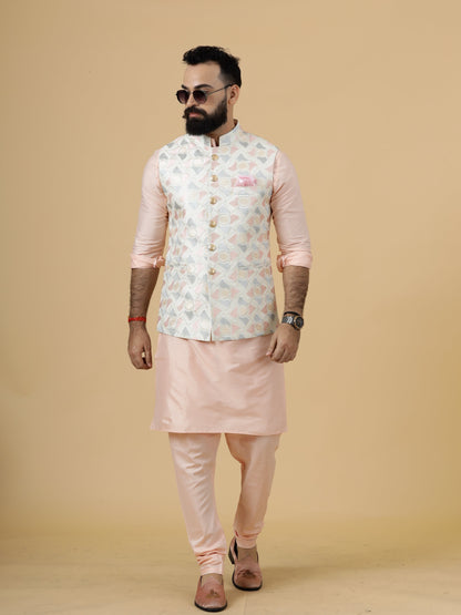 Alluring Beige Abstract Pattern Thread Embroidered Silk Half Jodhpuri Jacket with Peach Kurta-Pajama for Men