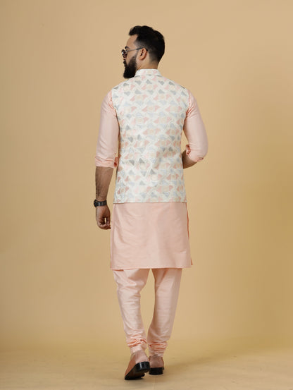 Alluring Beige Abstract Pattern Thread Embroidered Silk Half Jodhpuri Jacket with Peach Kurta-Pajama for Men