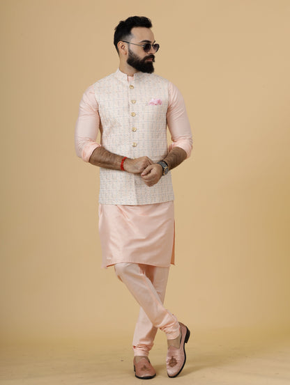 Stunning Peach Thread Embroidered Half Jodhpuri Jacket with Peach Kurta-Pajama for Men