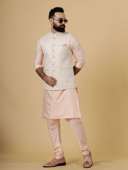 Stunning Peach Thread Embroidered Half Jodhpuri Jacket with Peach Kurta-Pajama for Men