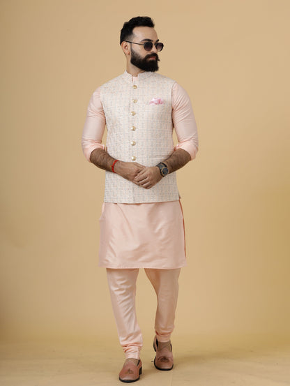 Stunning Peach Thread Embroidered Half Jodhpuri Jacket with Peach Kurta-Pajama for Men