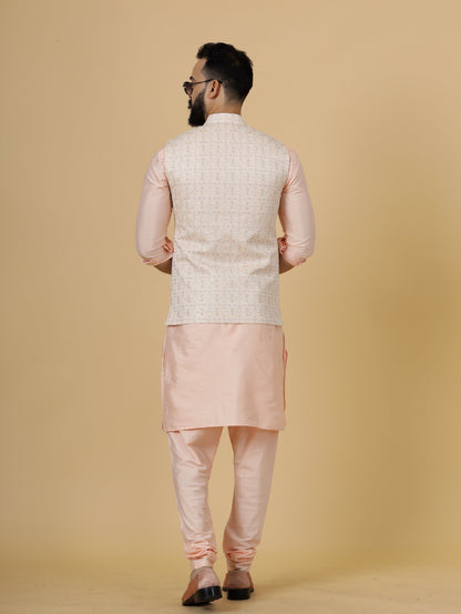 Stunning Peach Thread Embroidered Half Jodhpuri Jacket with Peach Kurta-Pajama for Men