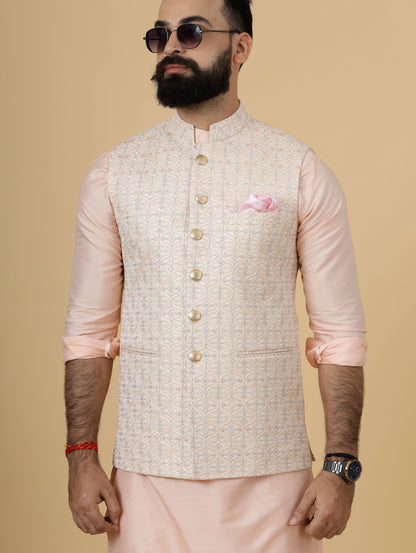 Stunning Peach Thread Embroidered Half Jodhpuri Jacket with Peach Kurta-Pajama for Men