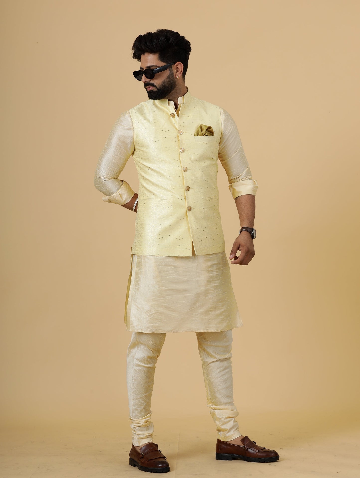 Stunning Light Yellow Banarasi Silk Half Jodhpuri Jacket with Cream Kurta-Pajama for Men