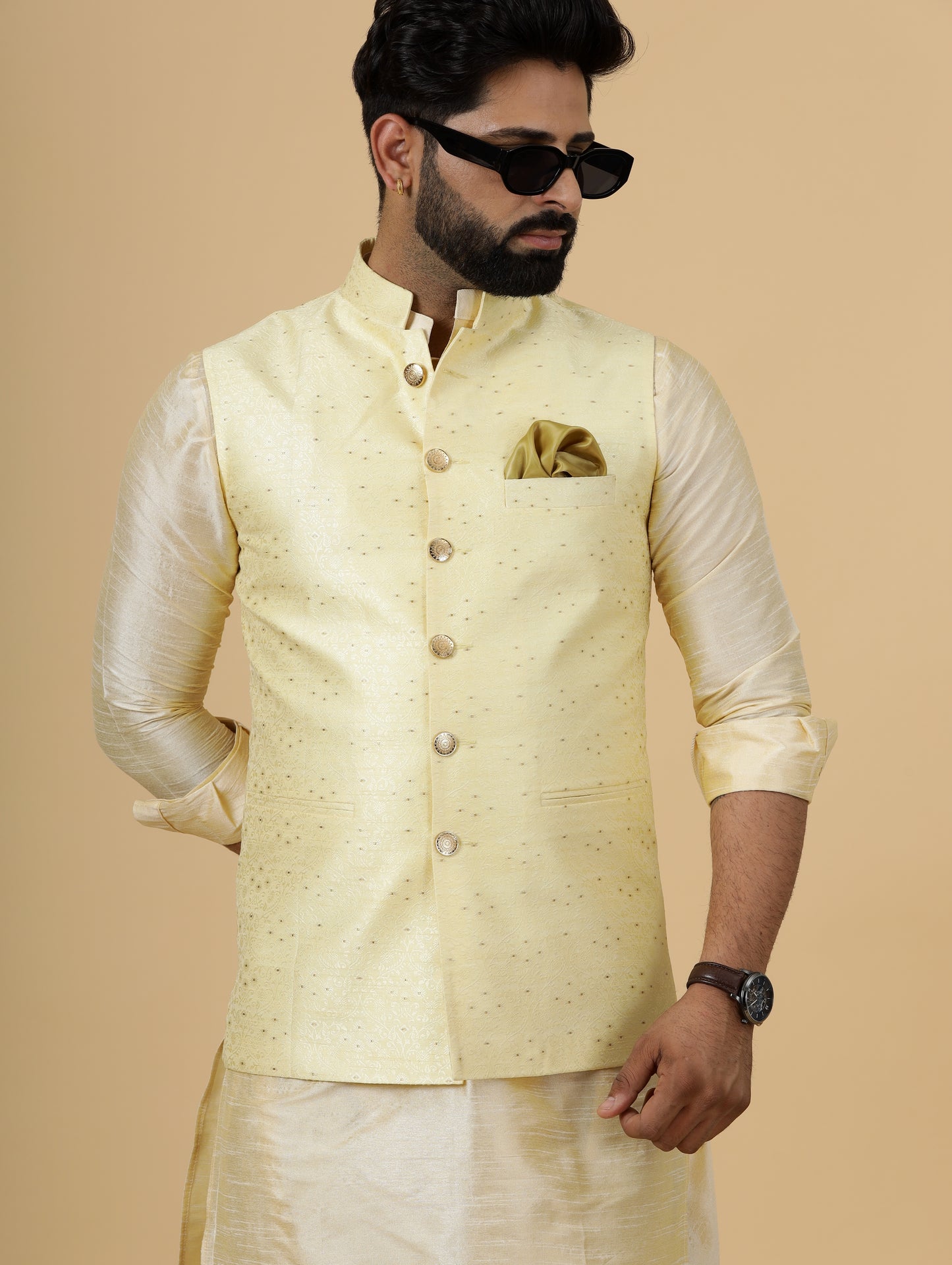 Stunning Light Yellow Banarasi Silk Half Jodhpuri Jacket with Cream Kurta-Pajama for Men