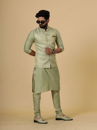 Alluring Lime Gold Banarsi Silk Half Jodhpuri Jacket with Lime Green Kurta-Pajama for Men