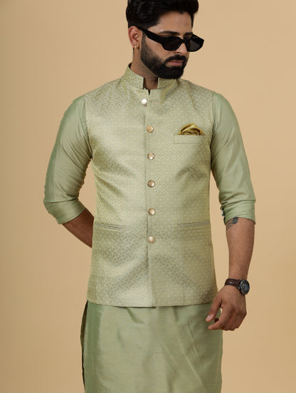 Alluring Lime Gold Banarsi Silk Half Jodhpuri Jacket with Lime Green Kurta-Pajama for Men