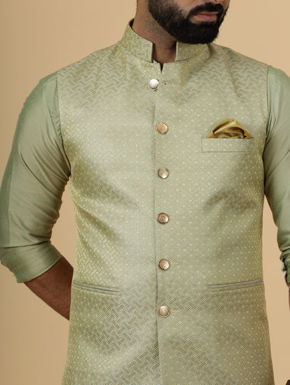 Alluring Lime Gold Banarsi Silk Half Jodhpuri Jacket with Lime Green Kurta-Pajama for Men