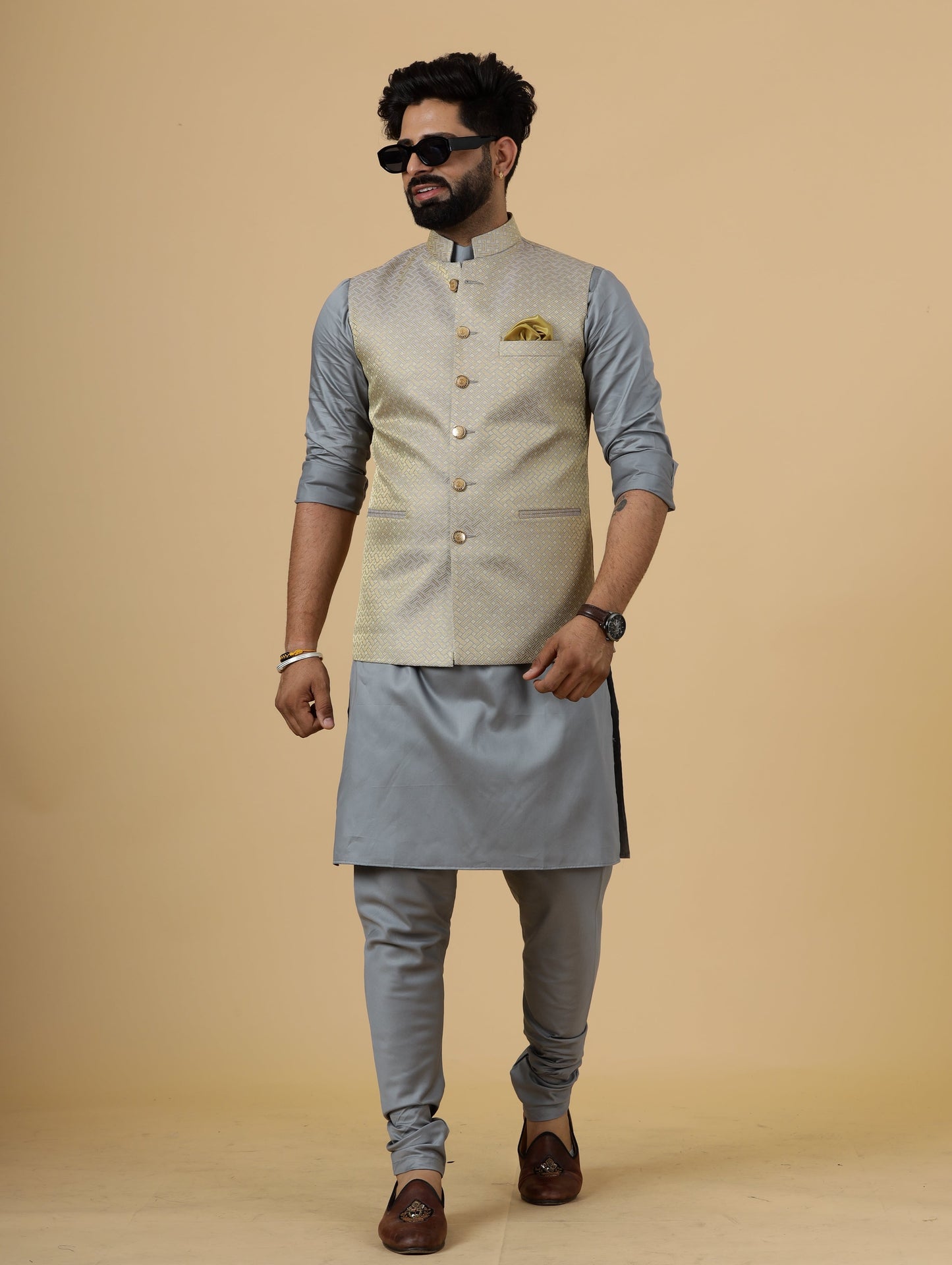 Classic Golden-Grey Brocade Silk Half Jodhpuri Jacket with Slate Grey Kurta-Pajama for Men