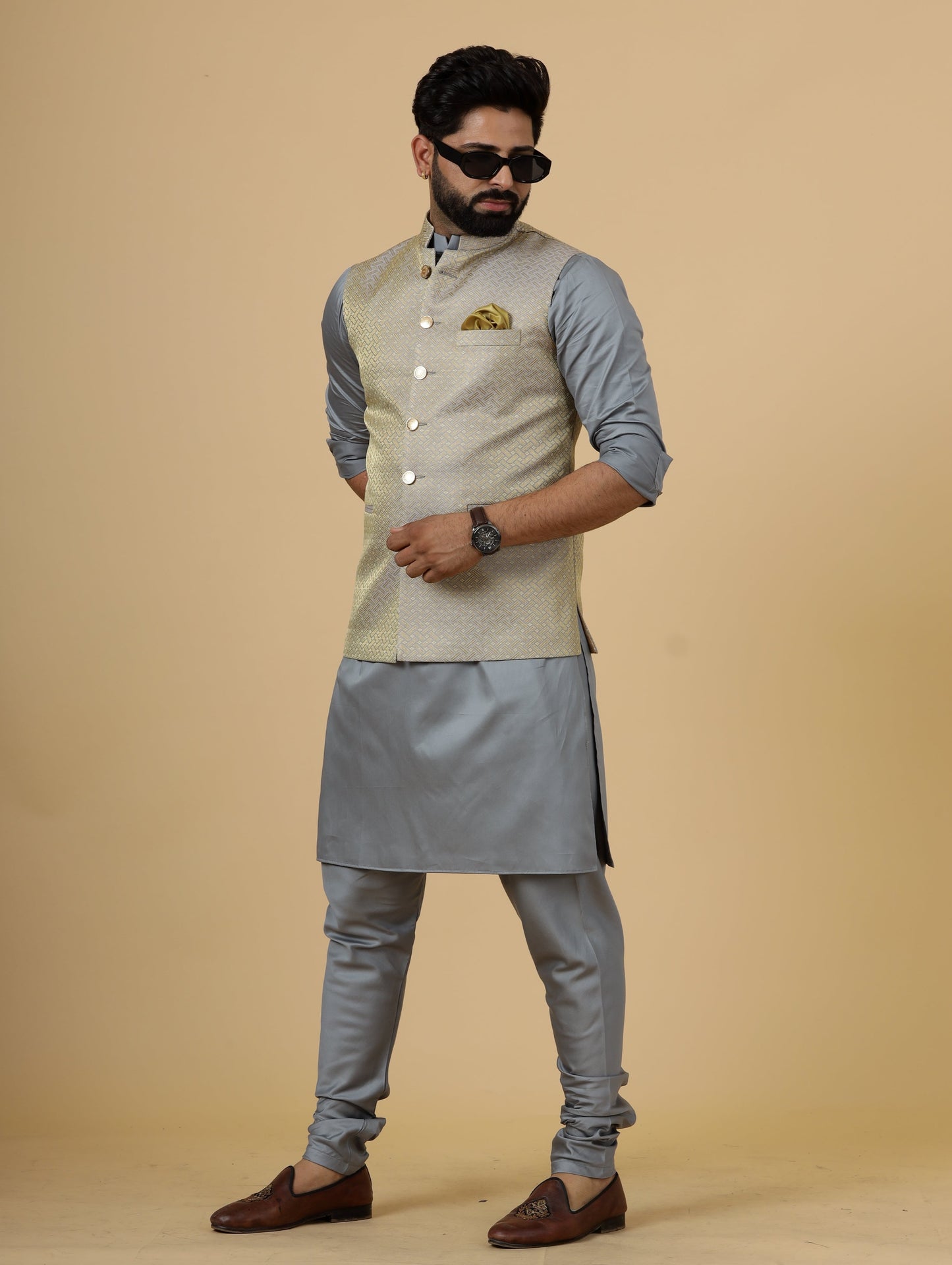 Classic Golden-Grey Brocade Silk Half Jodhpuri Jacket with Slate Grey Kurta-Pajama for Men