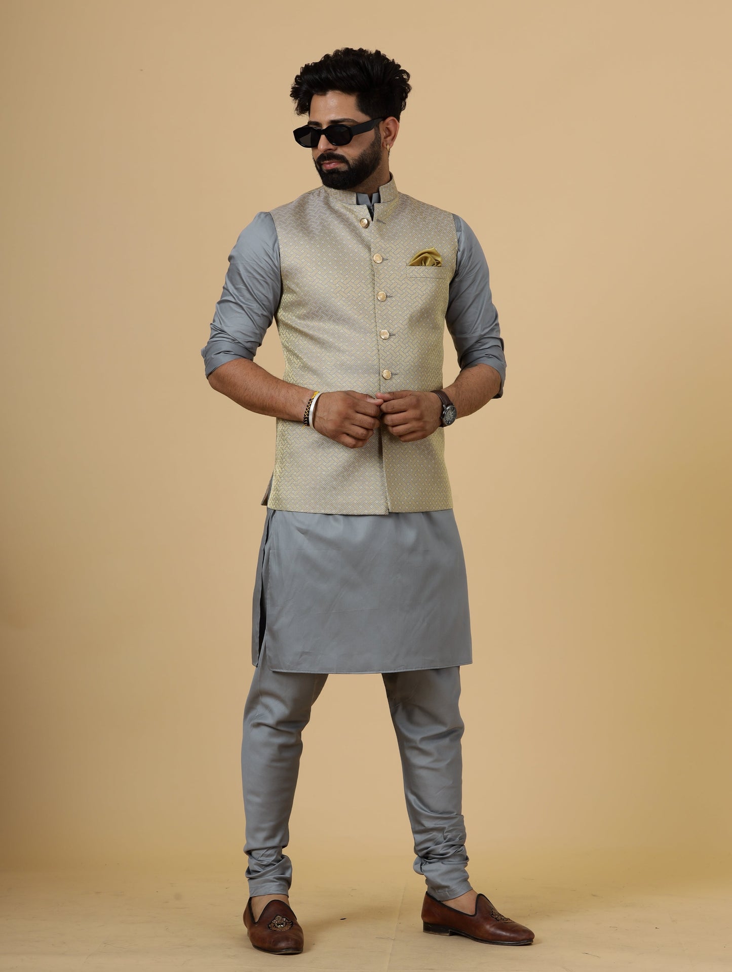 Classic Golden-Grey Brocade Silk Half Jodhpuri Jacket with Slate Grey Kurta-Pajama for Men