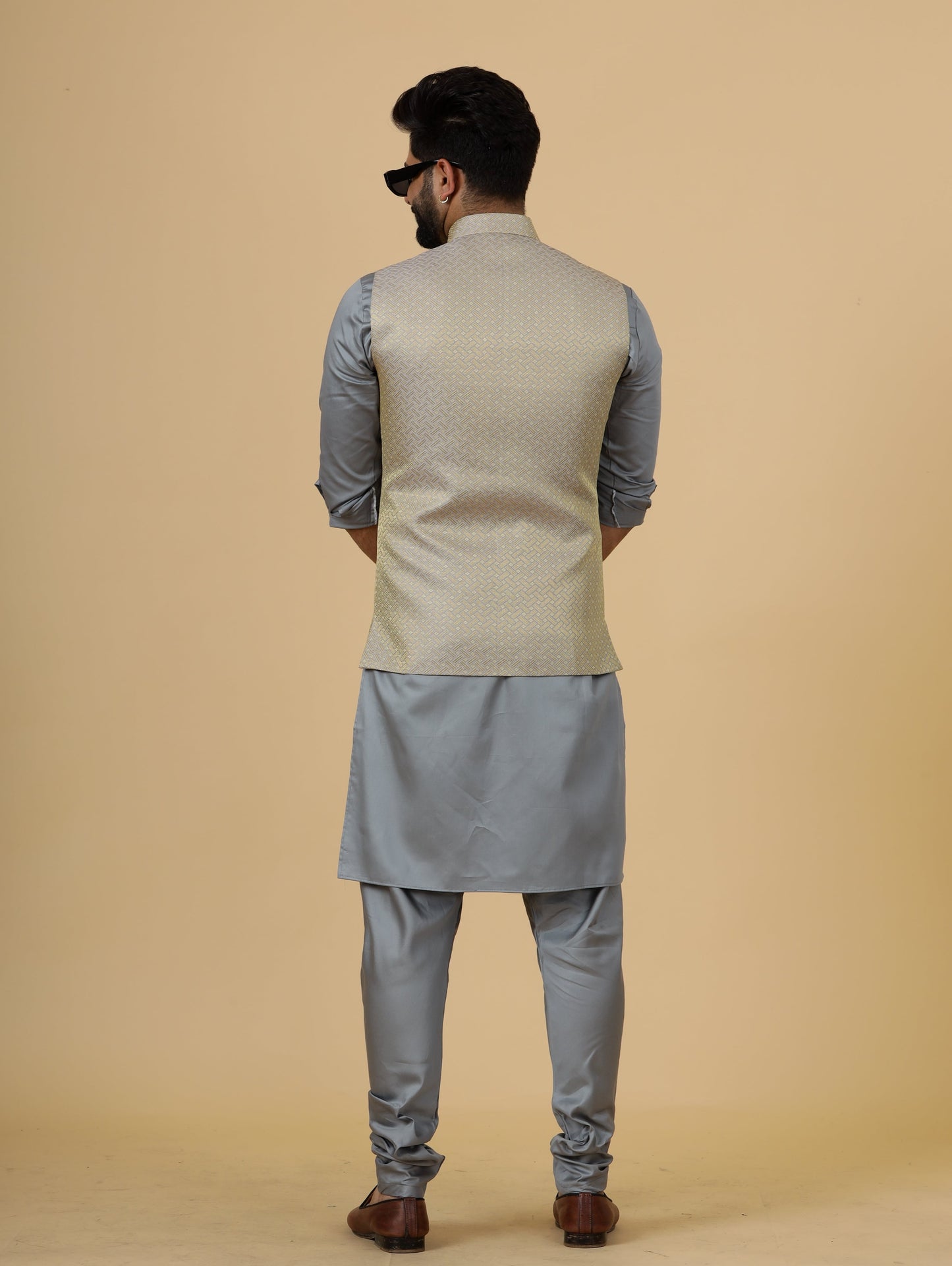 Classic Golden-Grey Brocade Silk Half Jodhpuri Jacket with Slate Grey Kurta-Pajama for Men