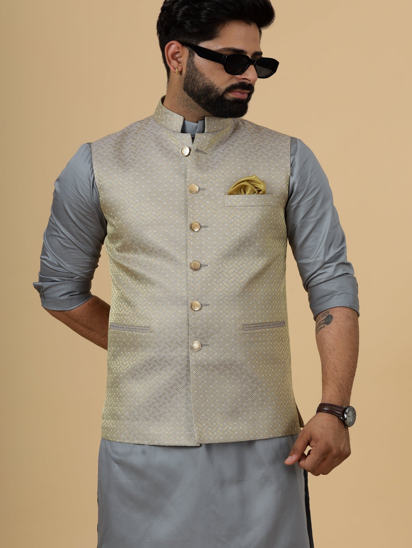 Classic Golden-Grey Brocade Silk Half Jodhpuri Jacket with Slate Grey Kurta-Pajama for Men