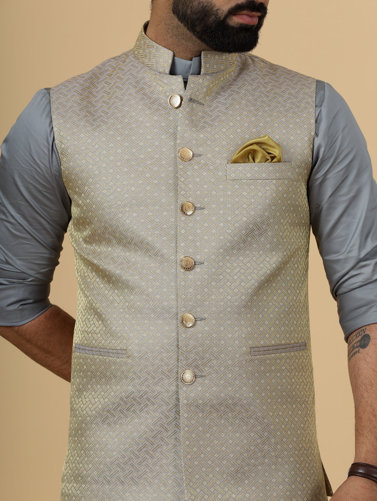 Classic Golden-Grey Brocade Silk Half Jodhpuri Jacket with Slate Grey Kurta-Pajama for Men