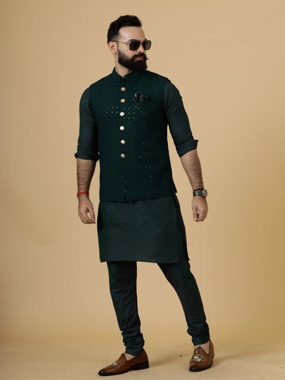 Classy Dark Green Chikankari Half Jodhpuri Jacket with Dark Green Kurta-Pajama for Men