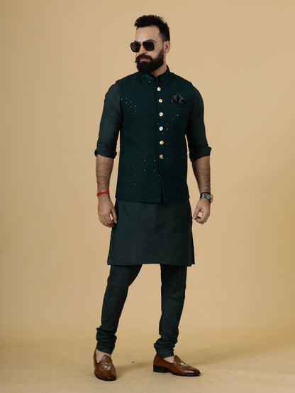 Classy Dark Green Chikankari Half Jodhpuri Jacket with Dark Green Kurta-Pajama for Men