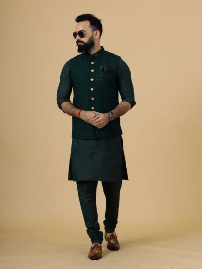 Classy Dark Green Chikankari Half Jodhpuri Jacket with Dark Green Kurta-Pajama for Men