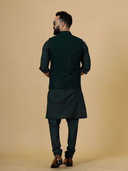 Classy Dark Green Chikankari Half Jodhpuri Jacket with Dark Green Kurta-Pajama for Men