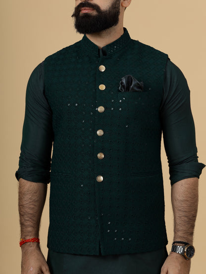 Classy Dark Green Chikankari Half Jodhpuri Jacket with Dark Green Kurta-Pajama for Men