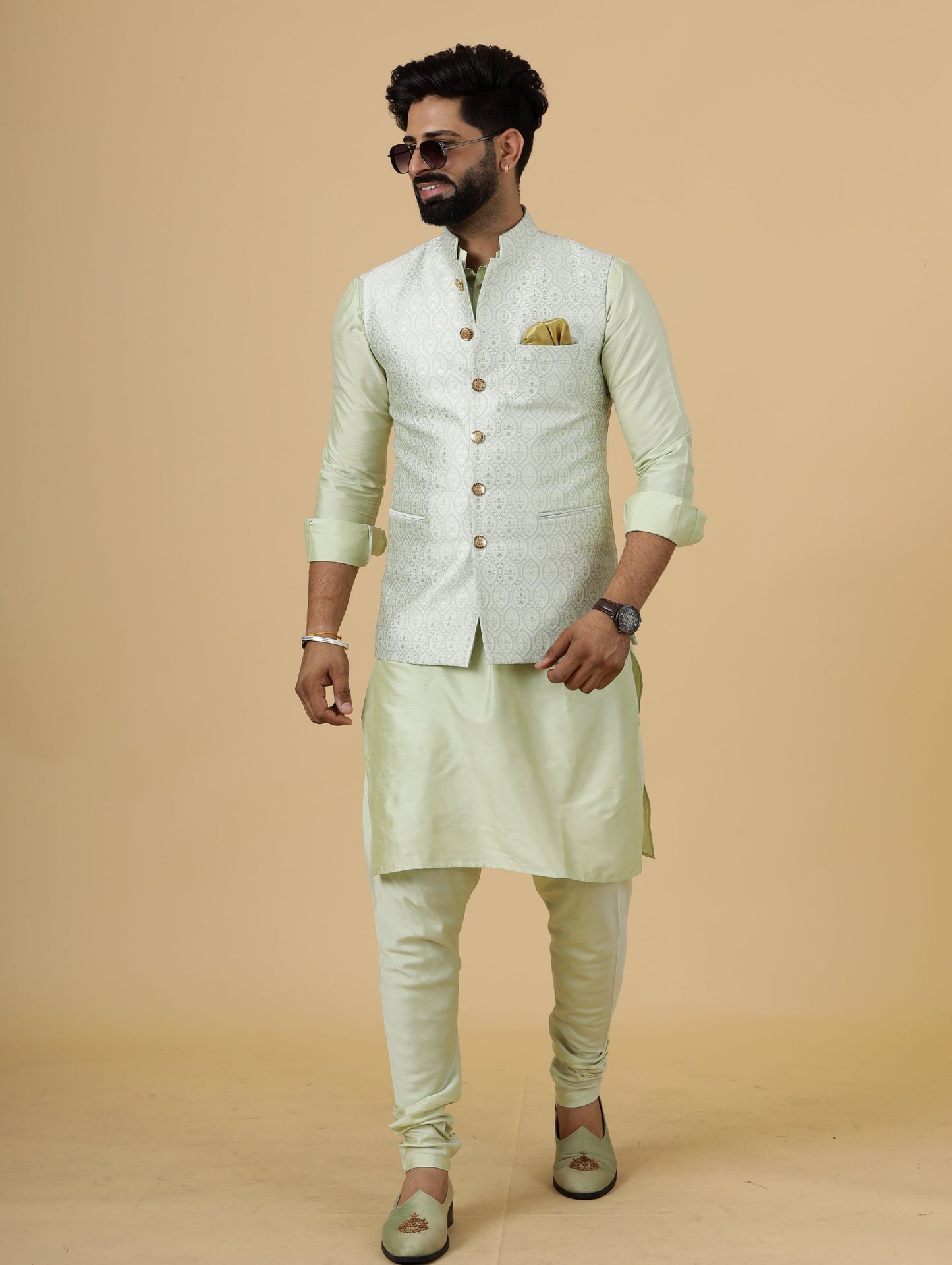 Classic Beige Banarasi Silk Half Jodhpuri Jacket with Light Green Kurta-Pajama for Men