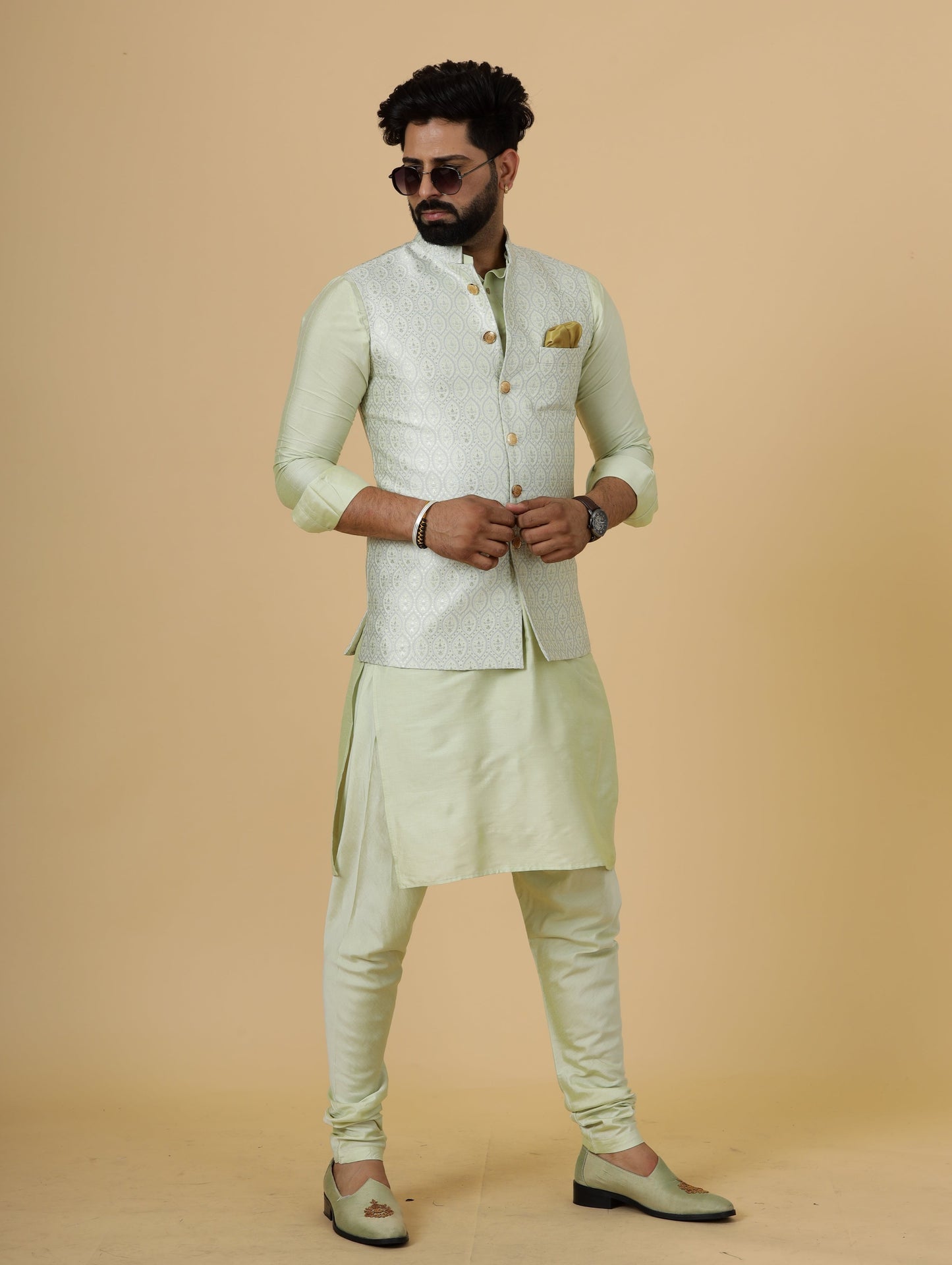 Classic Beige Banarasi Silk Half Jodhpuri Jacket with Light Green Kurta-Pajama for Men