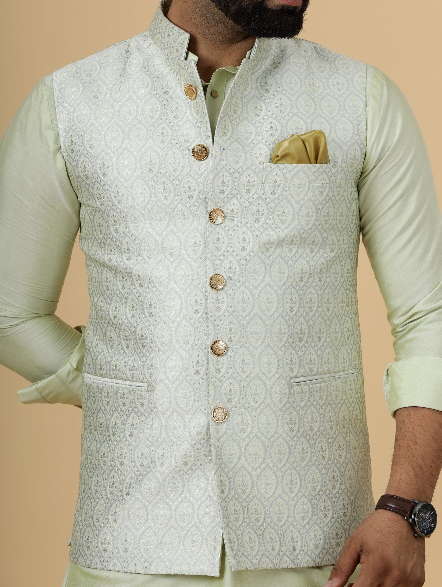 Classic Beige Banarasi Silk Half Jodhpuri Jacket with Light Green Kurta-Pajama for Men