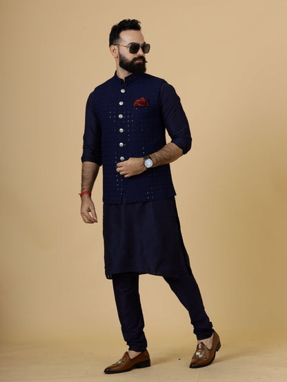 Classy Navy Blue Chikankari Half Jodhpuri Jacket with Navy Blue Kurta-Pajama for Men