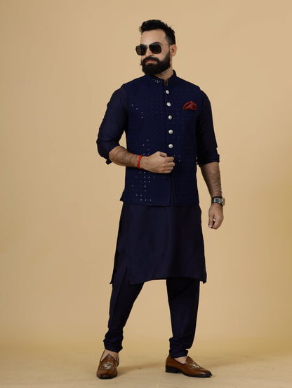 Classy Navy Blue Chikankari Half Jodhpuri Jacket with Navy Blue Kurta-Pajama for Men