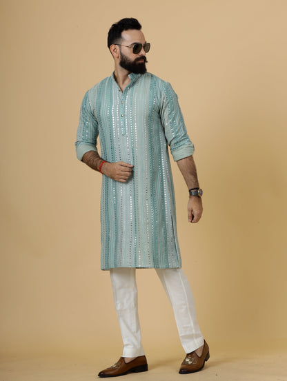 Alluring Turquoise Dual Color Mirror Embroidered Kurta-Pajama for Men