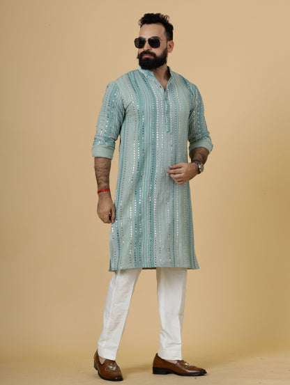 Alluring Turquoise Dual Color Mirror Embroidered Kurta-Pajama for Men