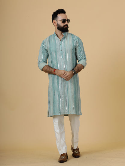 Alluring Turquoise Dual Color Mirror Embroidered Kurta-Pajama for Men