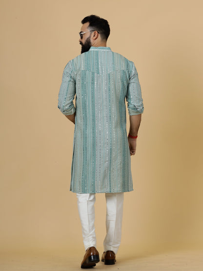 Alluring Turquoise Dual Color Mirror Embroidered Kurta-Pajama for Men