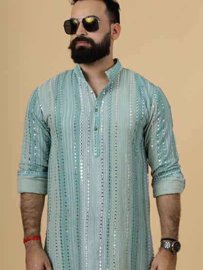 Alluring Turquoise Dual Color Mirror Embroidered Kurta-Pajama for Men