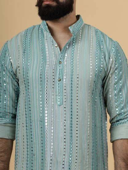 Alluring Turquoise Dual Color Mirror Embroidered Kurta-Pajama for Men