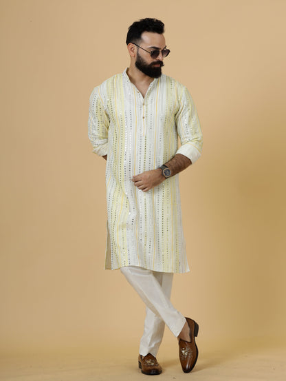 Alluring Yellow Dual Color Mirror Embroidered Kurta-Pajama for Men