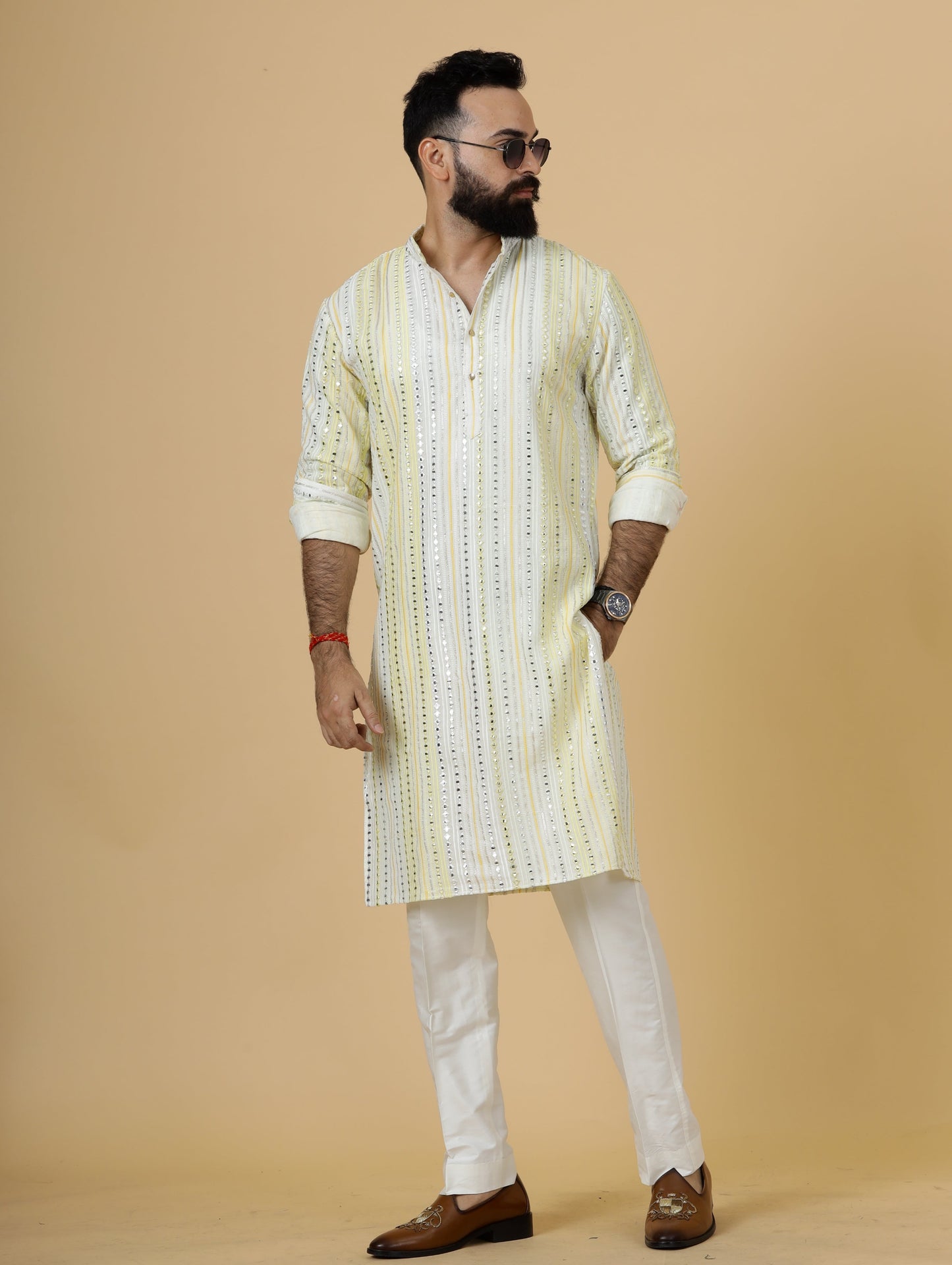 Alluring Yellow Dual Color Mirror Embroidered Kurta-Pajama for Men