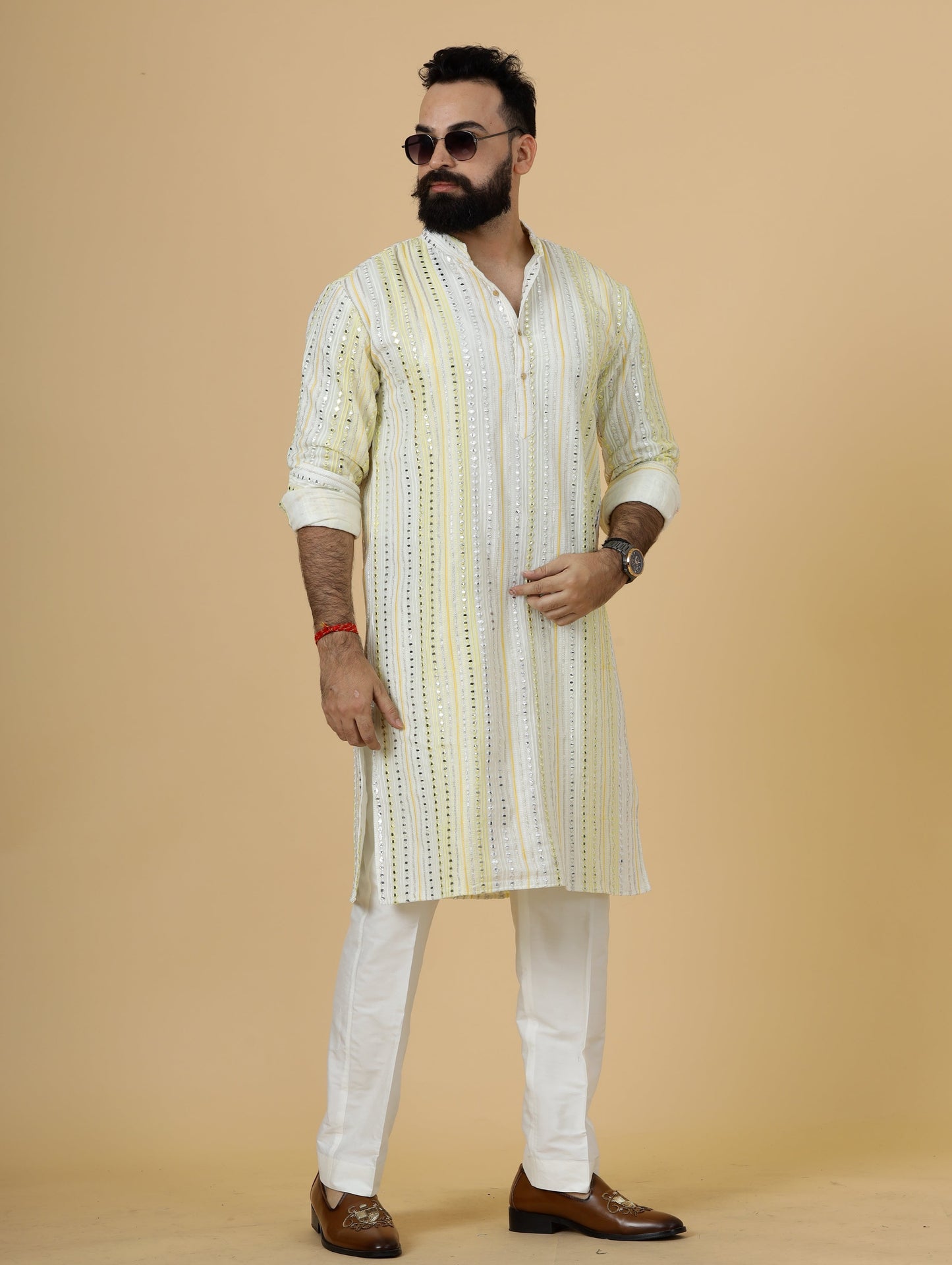 Alluring Yellow Dual Color Mirror Embroidered Kurta-Pajama for Men