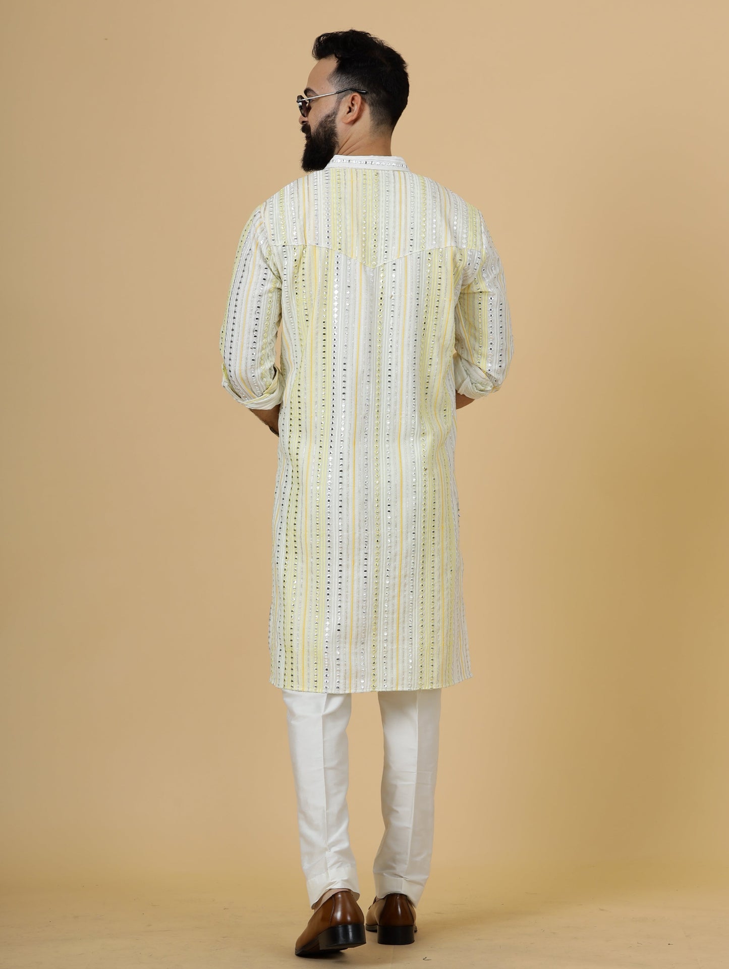 Alluring Yellow Dual Color Mirror Embroidered Kurta-Pajama for Men