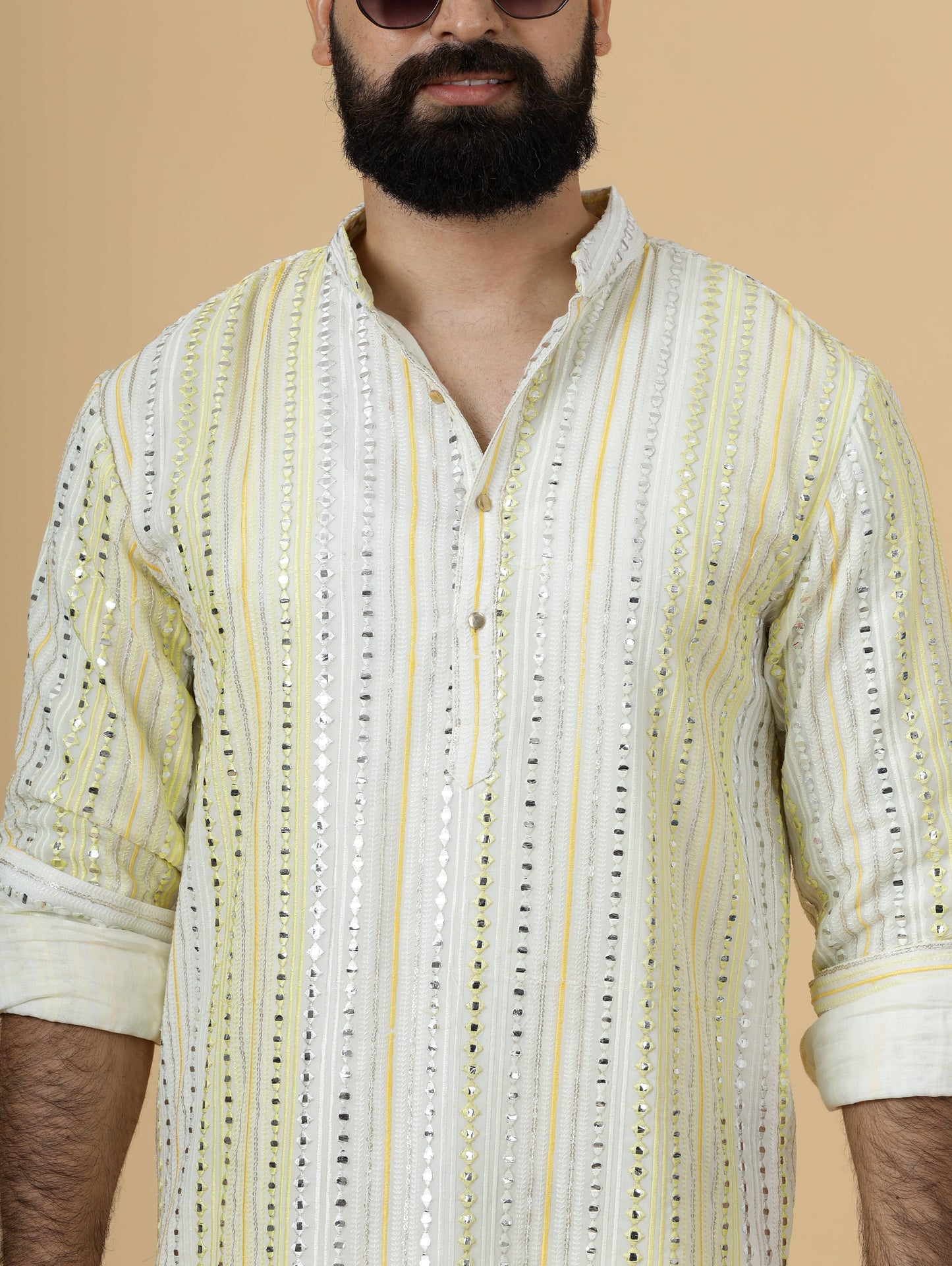 Alluring Yellow Dual Color Mirror Embroidered Kurta-Pajama for Men