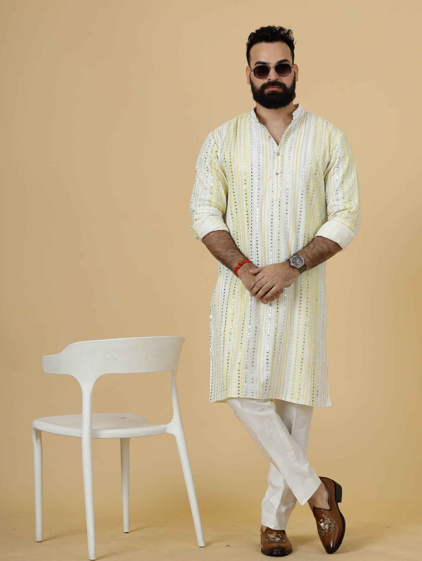 Alluring Yellow Dual Color Mirror Embroidered Kurta-Pajama for Men