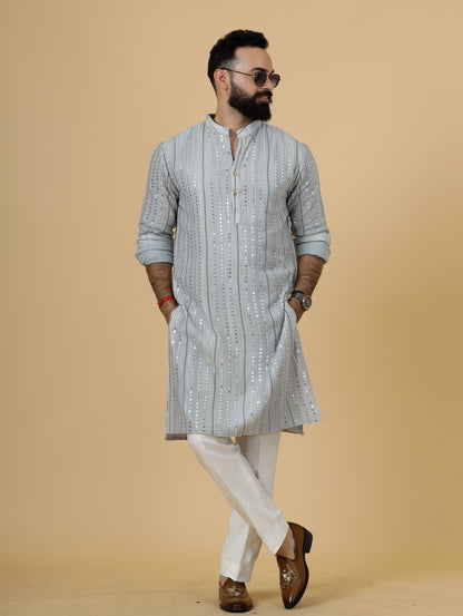 Alluring Grey Dual Color Mirror Embroidered Kurta-Pajama for Men