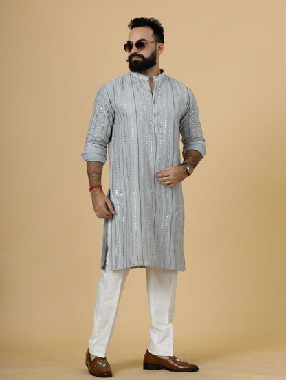 Alluring Grey Dual Color Mirror Embroidered Kurta-Pajama for Men