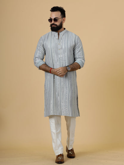 Alluring Grey Dual Color Mirror Embroidered Kurta-Pajama for Men