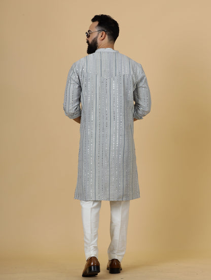 Alluring Grey Dual Color Mirror Embroidered Kurta-Pajama for Men