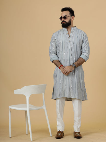 Alluring Grey Dual Color Mirror Embroidered Kurta-Pajama for Men